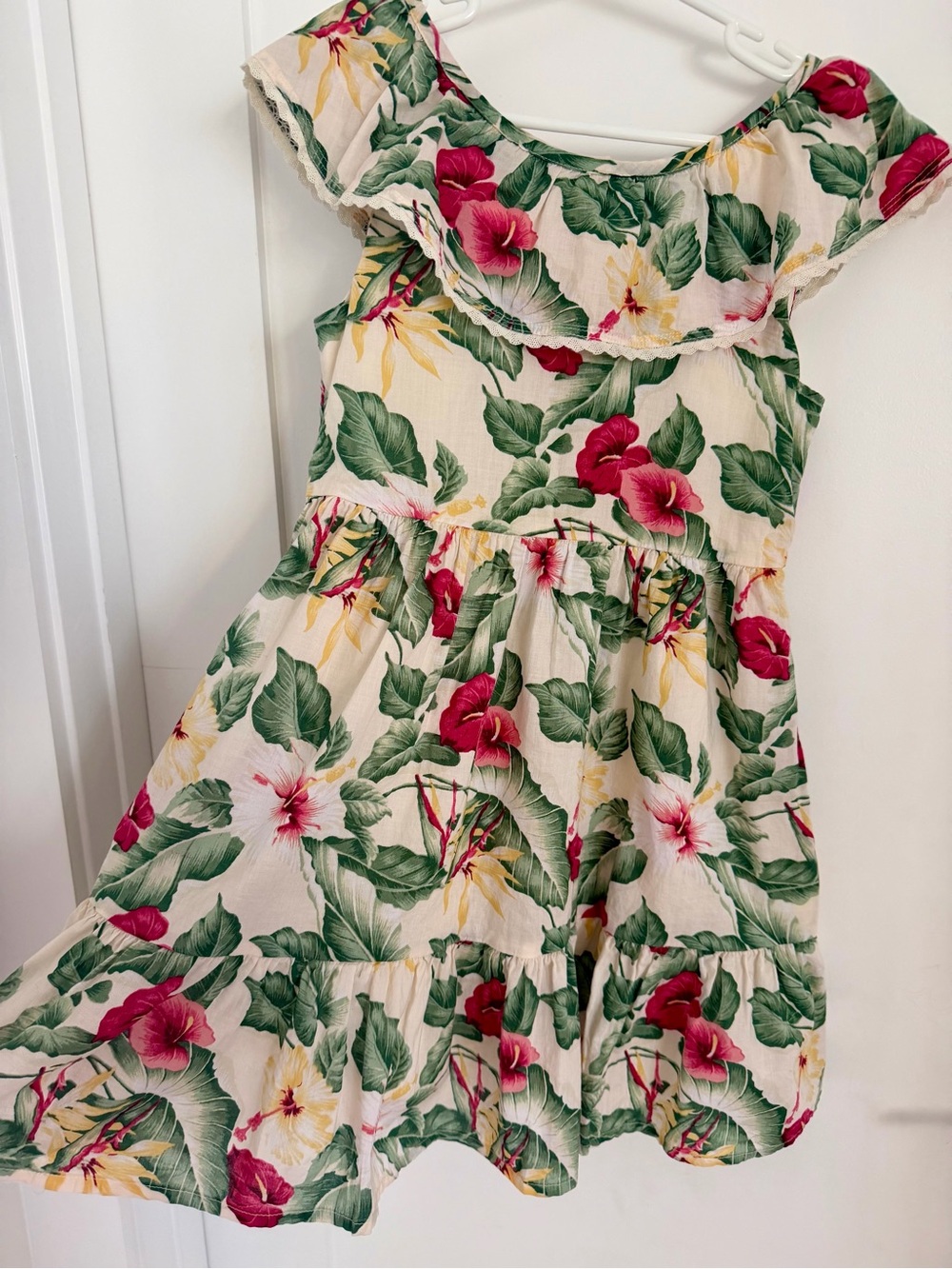 Janie and Jack girls Tropical hibiscus dress size 8 tiered, ruffle neck line